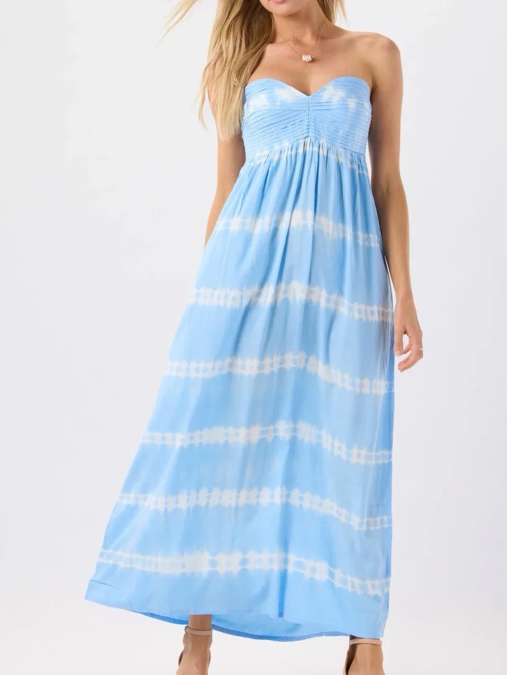 Tiare Hawaii Strapless Sky Blue & White Tie-Dye Maxi Dress